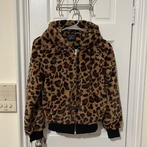 LOVE TREE Faux Fur Cheetah Zip Up Hooded Jacket - Small